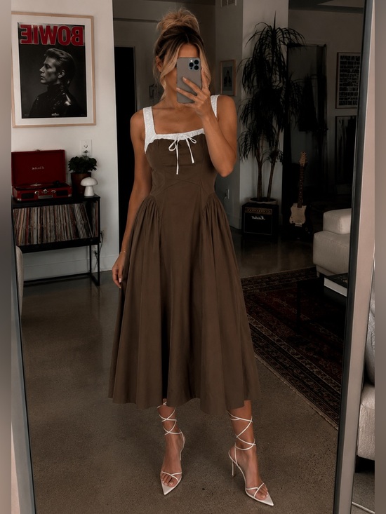 Moon River Dresses & Skirts - Moon River Two Tone Drop Waist Peekaboo Midi Dress Brown White Women’s Large